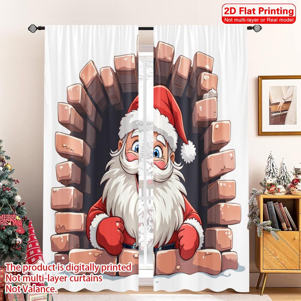 

2pcs 2D flat printing Merry Christmas Popular Curtain Santa Claus peeking through brick wall 100% Polyester Without Electricity 52.50×116.00 CM 2pcs