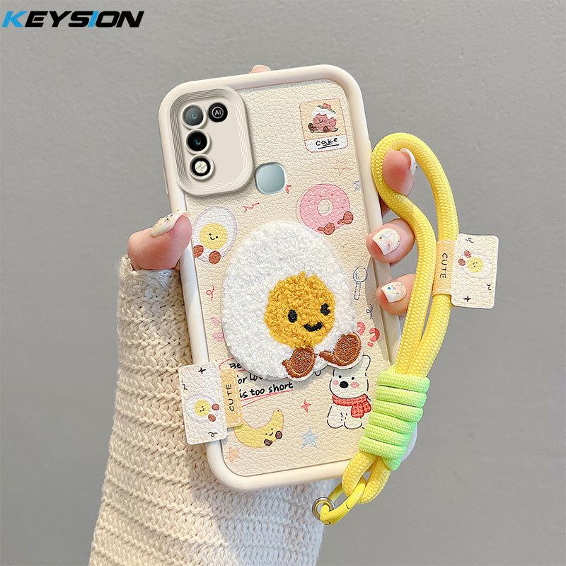 KEYSION Cartoon Cute Plush Embroidery Case for Infinix Hot 11 Play with Lanyard PU Leather Shockproof Phone Cover for Infinix Hot 10 9 Play