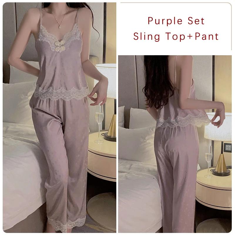 Sexy Pajamas Set for Women, New Lace Pajamas with Breast Pads and Straps, Lace Tops, Trousers and Outer Pajama Sets for Women