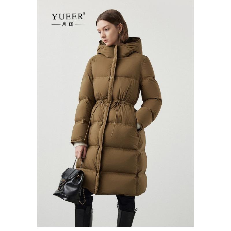 

Autumn and winter new fashion hooded down jacket women s winter medium and long new waist rope drawstring to keep warm S
