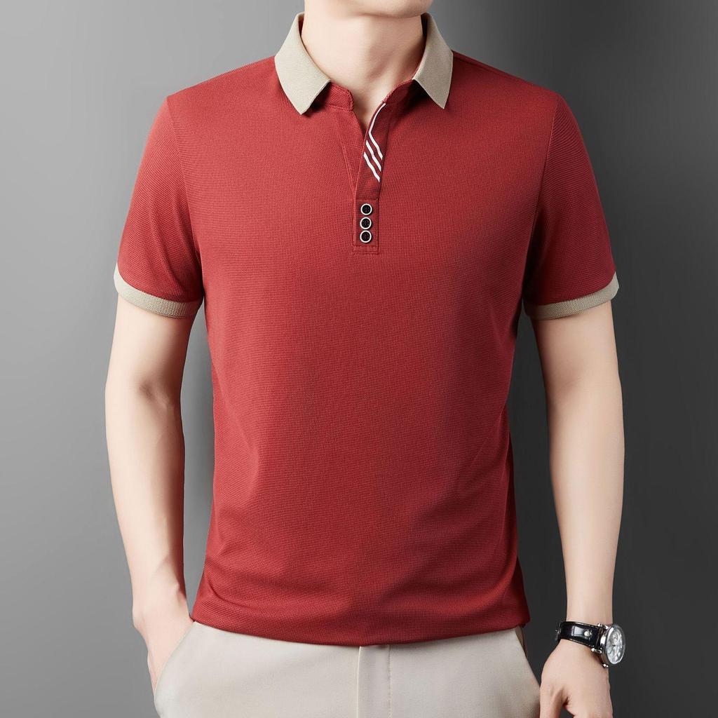 Summer Men's Polo Shirt Jacquard T-shirt Lapel Collar Color Block Casual Short Sleeve Tees Breathable Male Button Tops