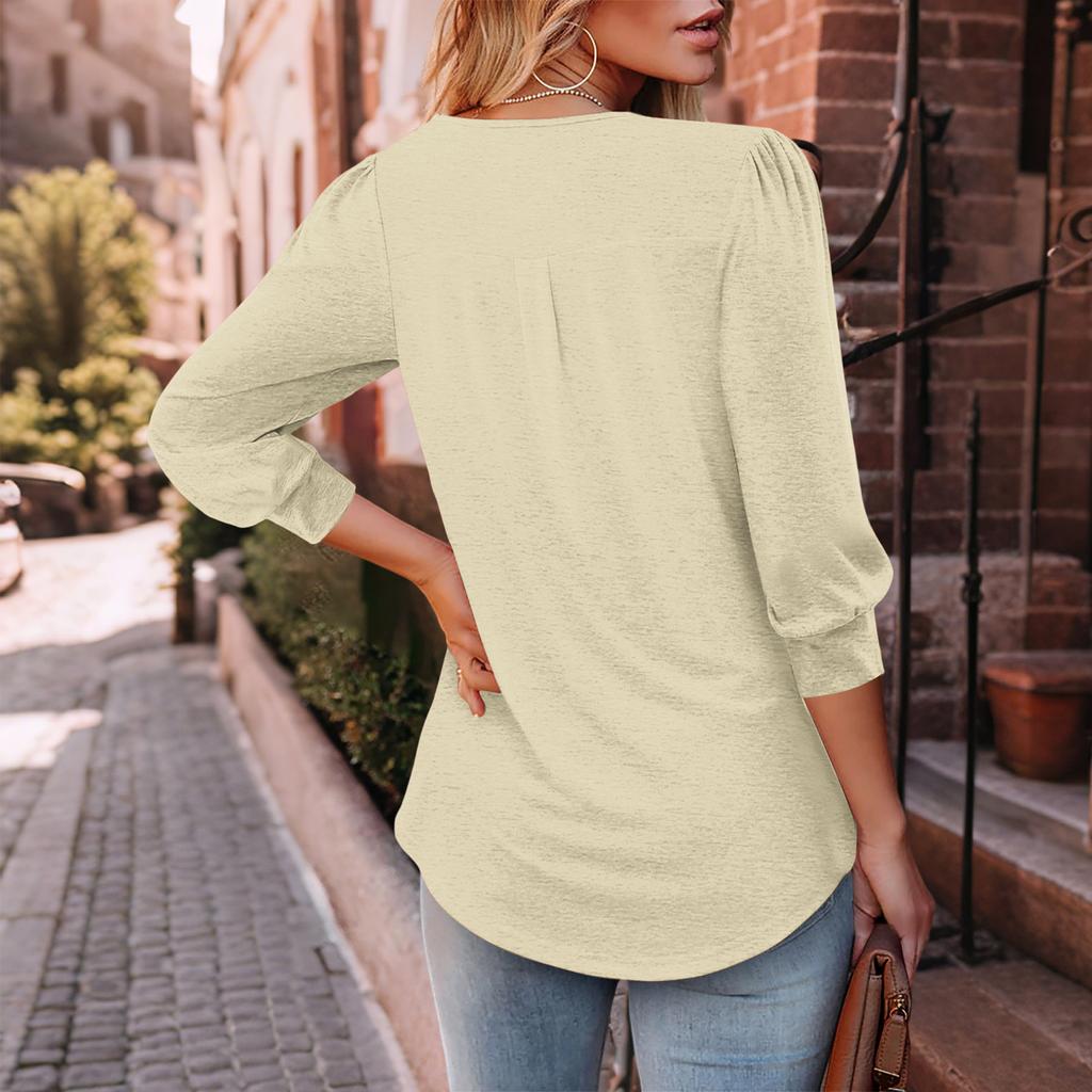 Women's Fashionable Casual Three,quarter Sleeve Button Color Round Neck Top