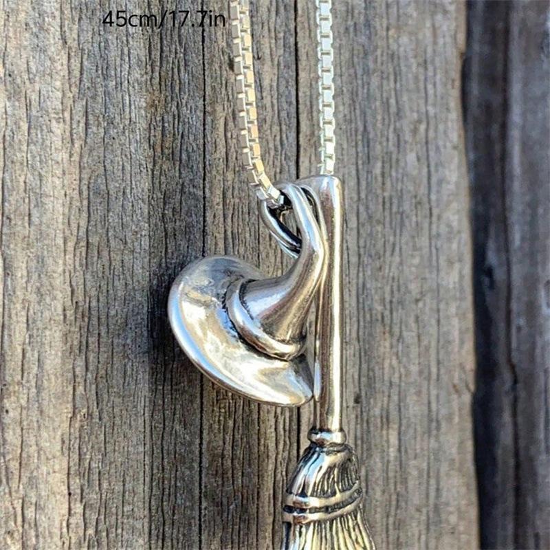 1pc Gothic Style Witch Hat, Broomstick, Geometric Pendant Necklace, Suitable For Any Occasion