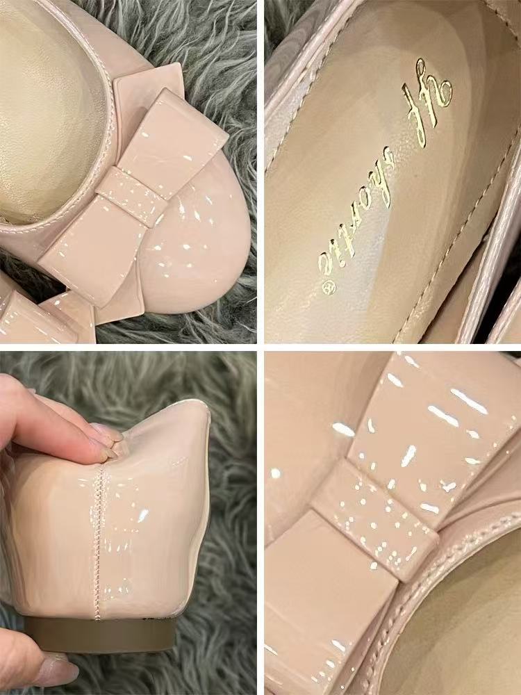 Bow retro wedge heel light mouth single shoes women's 2025 new spring and autumn black height increase versatile non-slip Mary Jane shoes