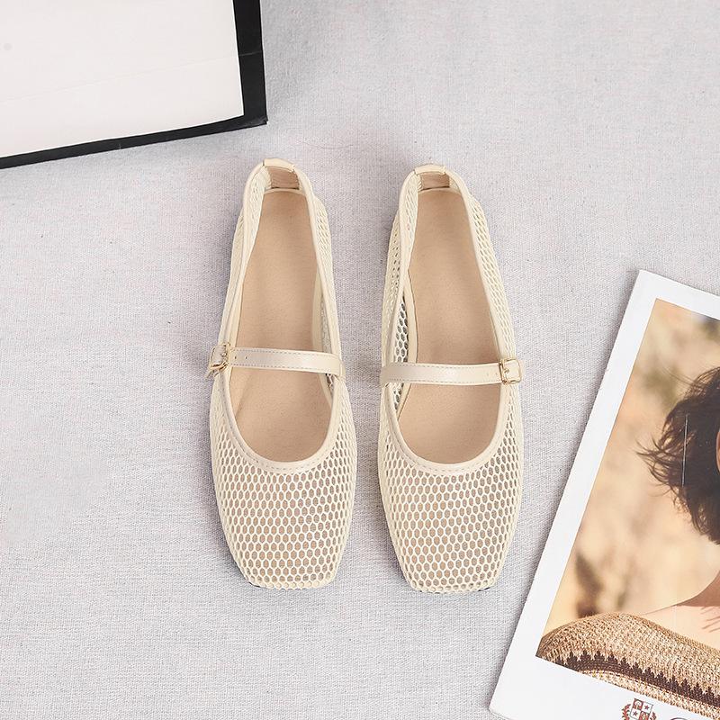 Damen Mesh Ballerinas Sommer Mary Jane Schuhe Ballerina Laufschuhe Rutschfest Quadratische Geschlossene Zehenpartie Mary Jane Ballerinas mit Verstellbarem Riemen Abendschuhe