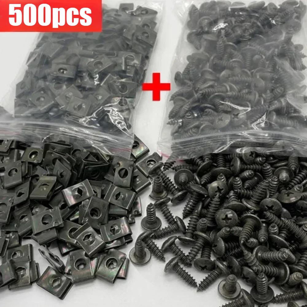 500 piezas de clip de sujeción de tornillo de metal para motocicletas y automóviles, clip tipo U con tornillo, clip de protección antioxidante, hebilla de tornillo, chapa de hierro