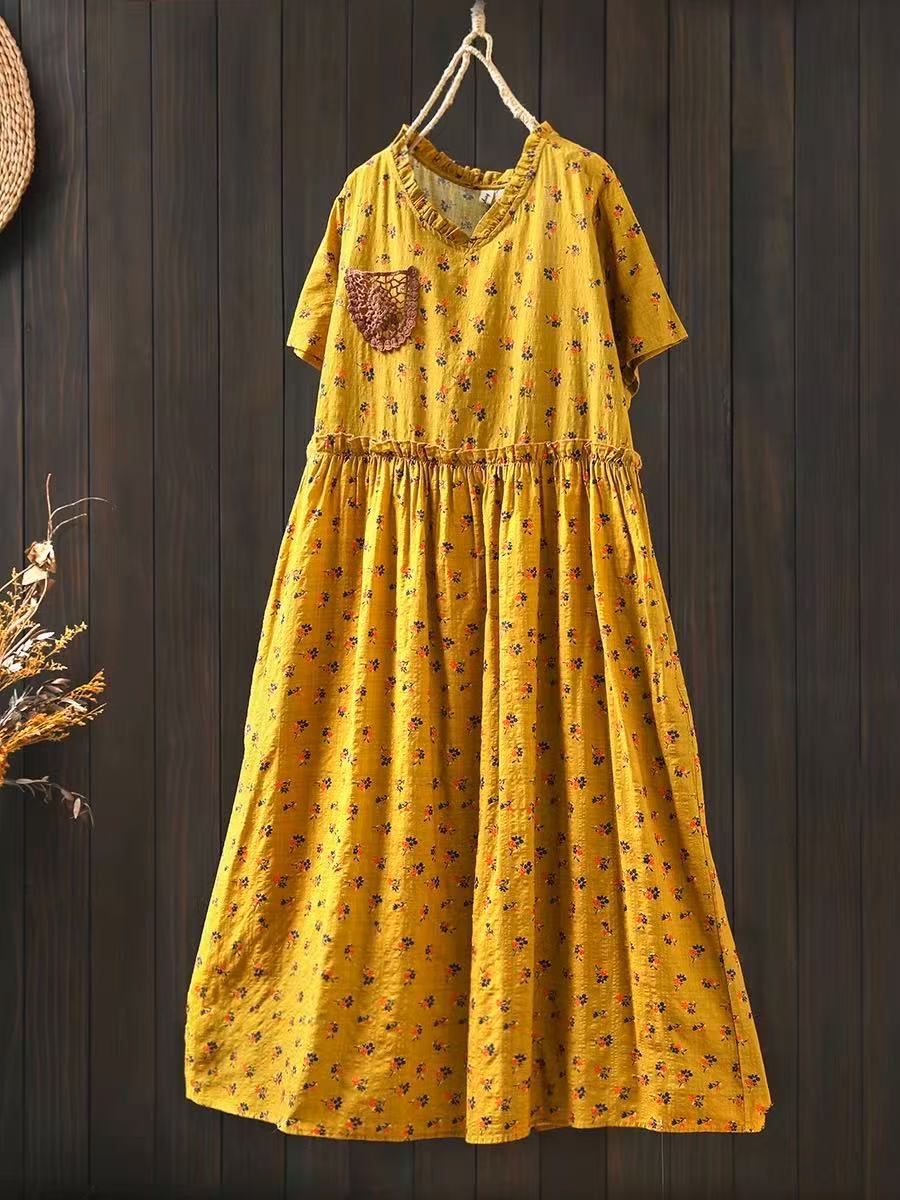 

Johnature Women Dresses Print Floral Patchwork O-Neck Short Sleeve Summer Casual A-Line Dress One Size жёлтый