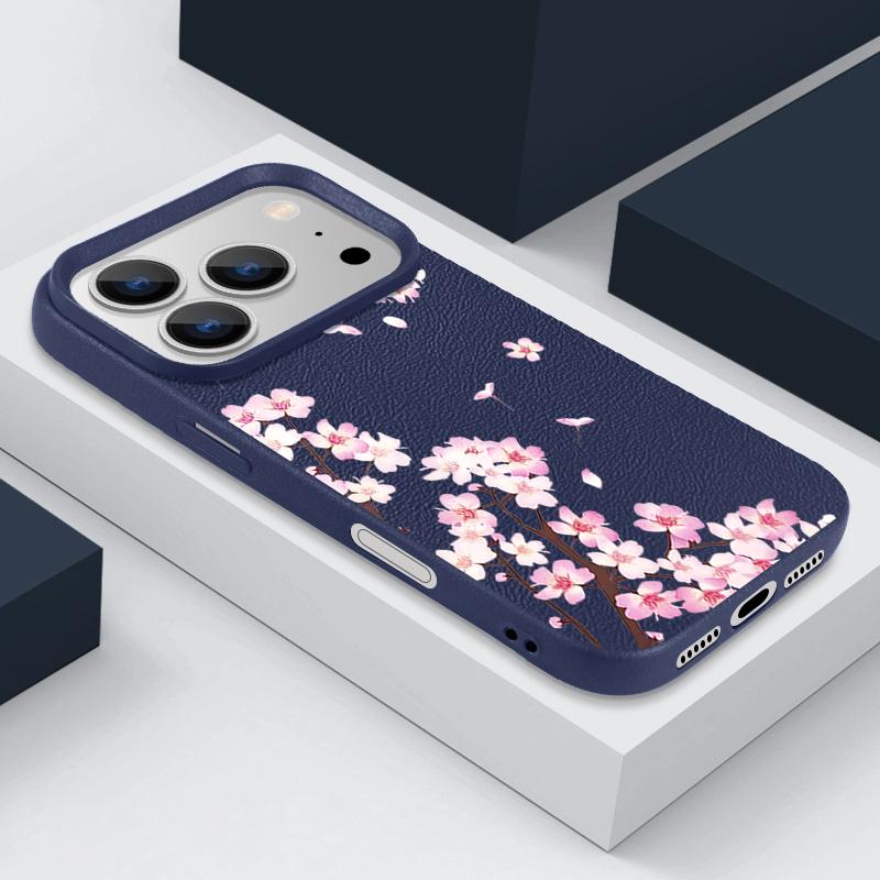 Pink Peach Blossoms Floral Pattern Case For iPhone 17 Pro Max Funda iPhone 16 Pro Max 15 14 13 12 11 Air 16E Leather Texture Silicone Cover