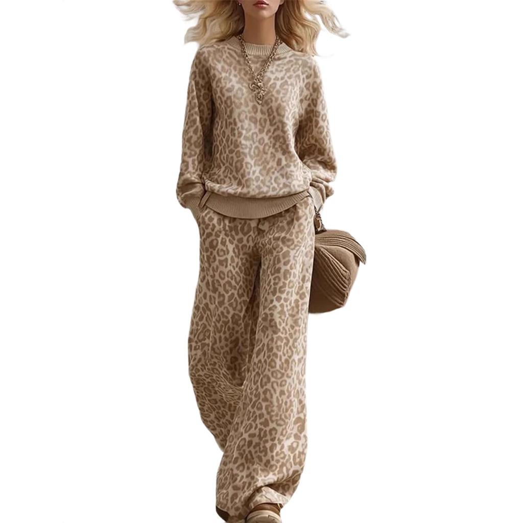 Women's Leopard Print Long Sleeve Slim Fit Sweatshirt and Retro Casual Pants 2 Piece Matching Set