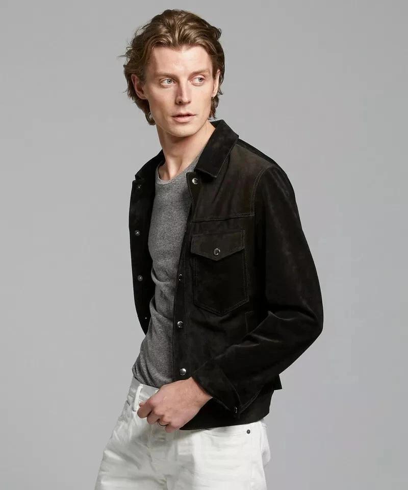 Designer Men's Black Warm Soft Suede Stylish Handmade Genuine Leather Shirt Casual Fashionable