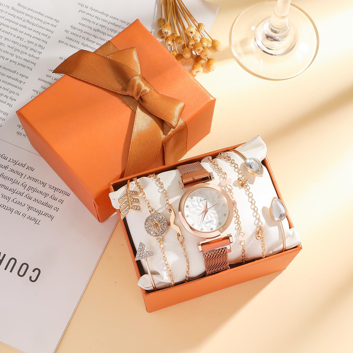 Fashionable new diamond-studded floral dial women s casual watch, diamond-studded bracelet seven-piece set, no gift box ярко-розовый