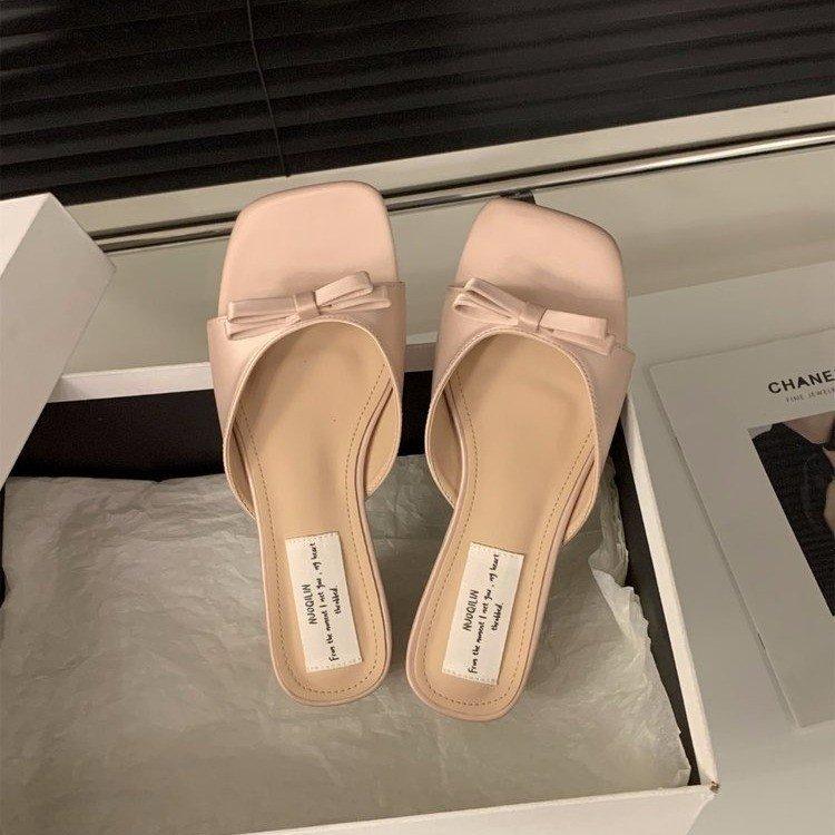 Thick heel pink French cool slippers fairy shoes outer wear 2025 new summer with skirt bow sandals