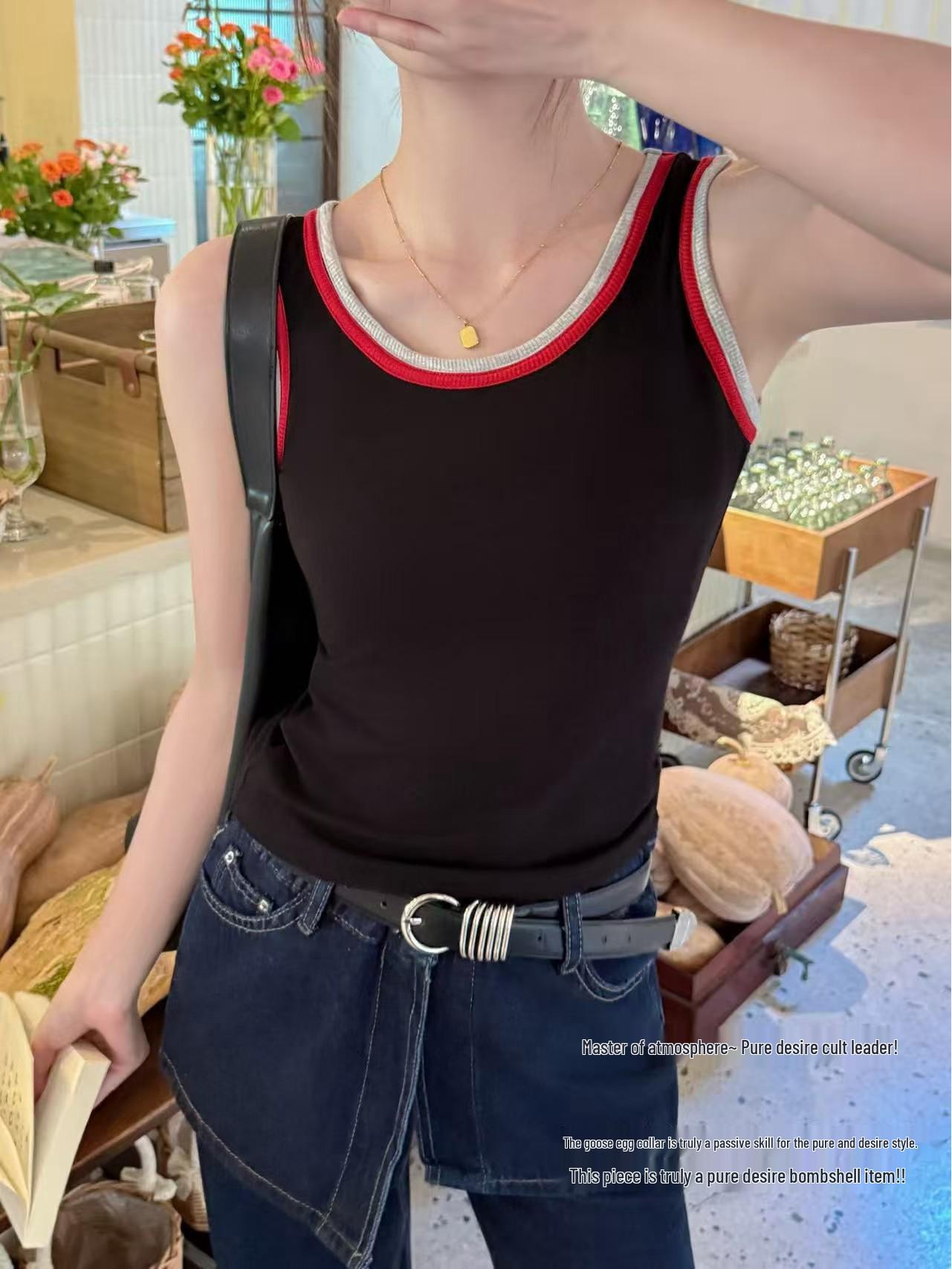 Women s U-Neck Color Block Ribbed Vest - Spring/Summer Spaghetti Strap Slimming One-Piece Top L