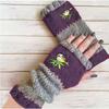 Gants en tricot sans doigts avec broderie de chat et patchwork, Gants décontractés ouverts aux doigts tendance pour femme, Mitaines chaudes d'hiver sans doigts