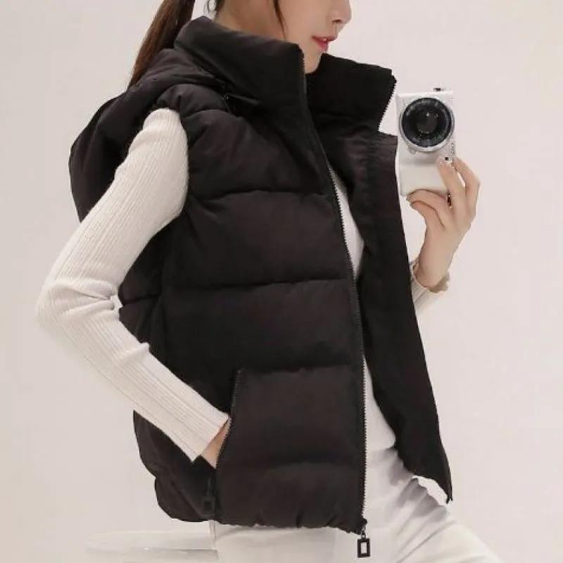 Autumn and Winter Detachable Hat Down Cotton Vest Women's Short Cotton Vest Solid Color Warm Hooded Jacket