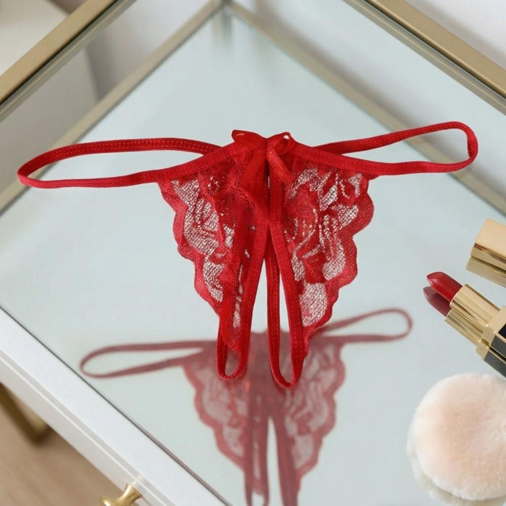 Open Crotch Bow Mesh Lace Panties Hollow Thin Belt Thong Underwear for Women Valentine's Day Gift