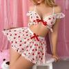 Sweet Strawberry Lingerie Set for Women Wirless Bra and Mini Skirt Set Mesh Ruffle Lingerie Off Shoulder Cute Pajama Sets