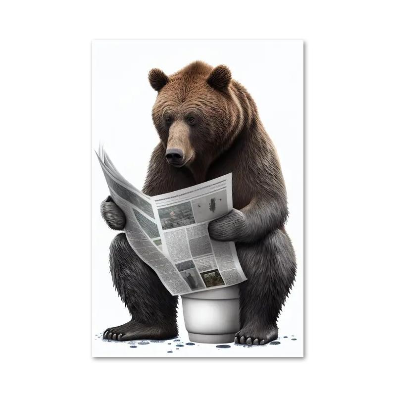 Funny Bathroom Humorous Animal Bear Dog Tiger Sitting On Toilet Reading Newspaper Canvas Painting Posters and Prints Wall Art