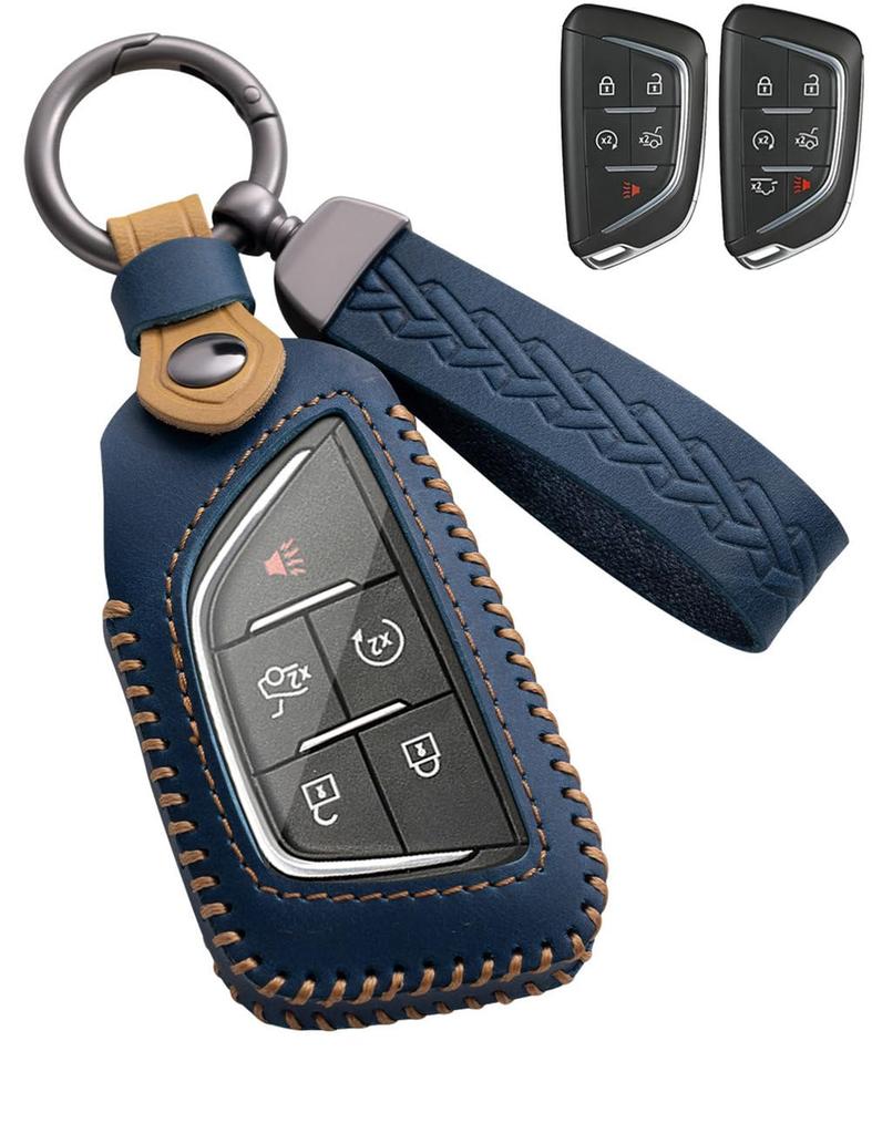 YINEOR Cadillac Key Fob Cover Leather Car Key Case Keychain Smart Key Fob Holder