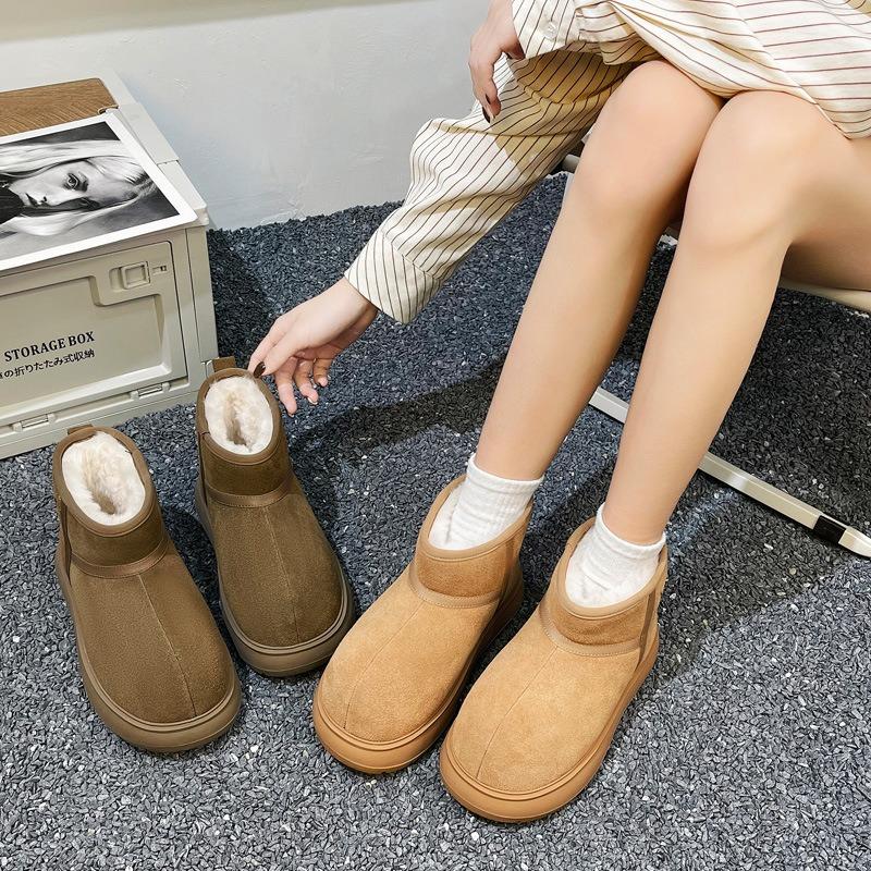 Winter neue kurzschaftige Stiefel mit großem Schaft für Damen, warm gefütterte Baumwollschuhe mit dicker Sohle, echte Leder-Schneestiefel für Damen