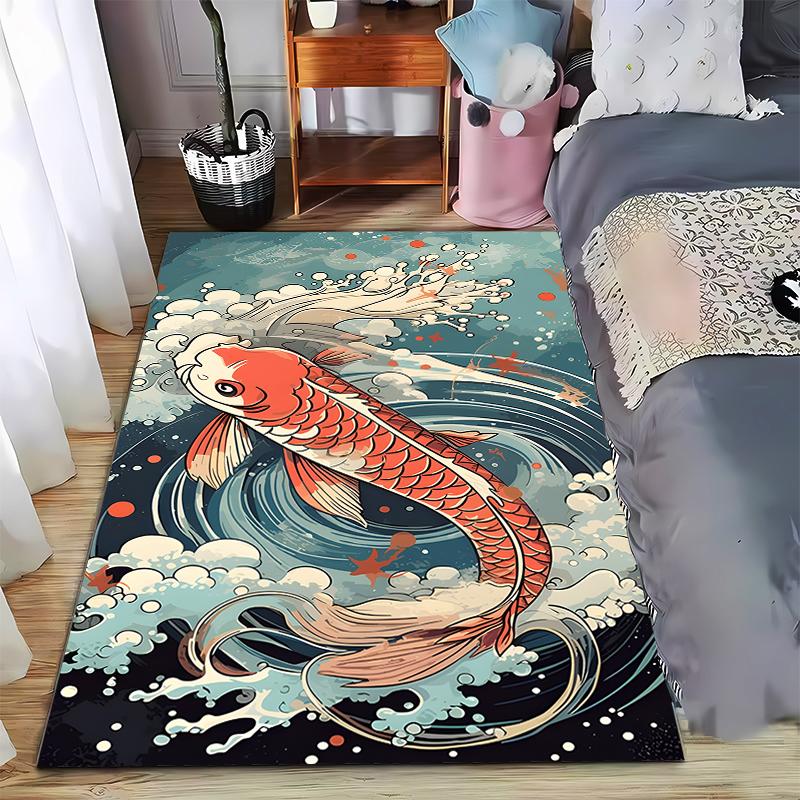 Artistic Carpet with Red Koi and Waves Suitable for use as an anti-slip game mat for living room and bedroom sofas