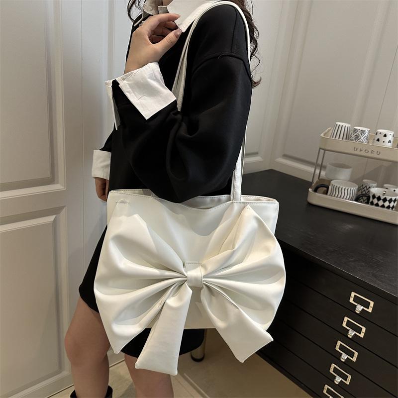 Bow Pleated Design Women's Pu Leather Shoulder Bags Sweet Solid Color Ladies Tote Bag Large Capacity College Female Handbags