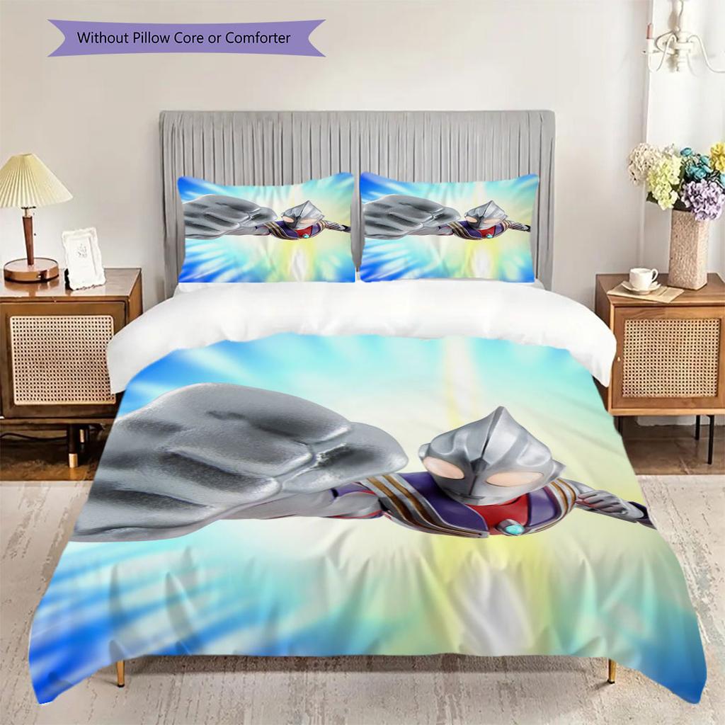Three-piece cartoon Ultraman Tiga printed bedding set,(1*Duvet Cover + 2*Pillowcase, Without Core) suitable for bedroom use.