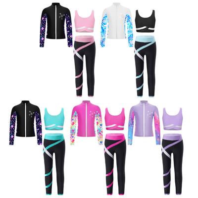 Kids 3 Pieces Girl Sports Dance Outfit Crop Tank Top with Athletic Leggings and Long Sleeve Jacket Set Tracksuit