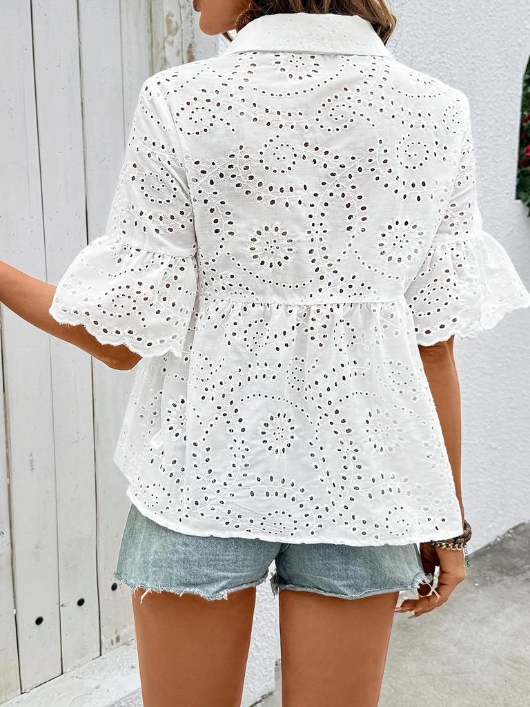 2025 Summer Women’s French Lapel Hollow Embroidery Short Sleeve Casual Top