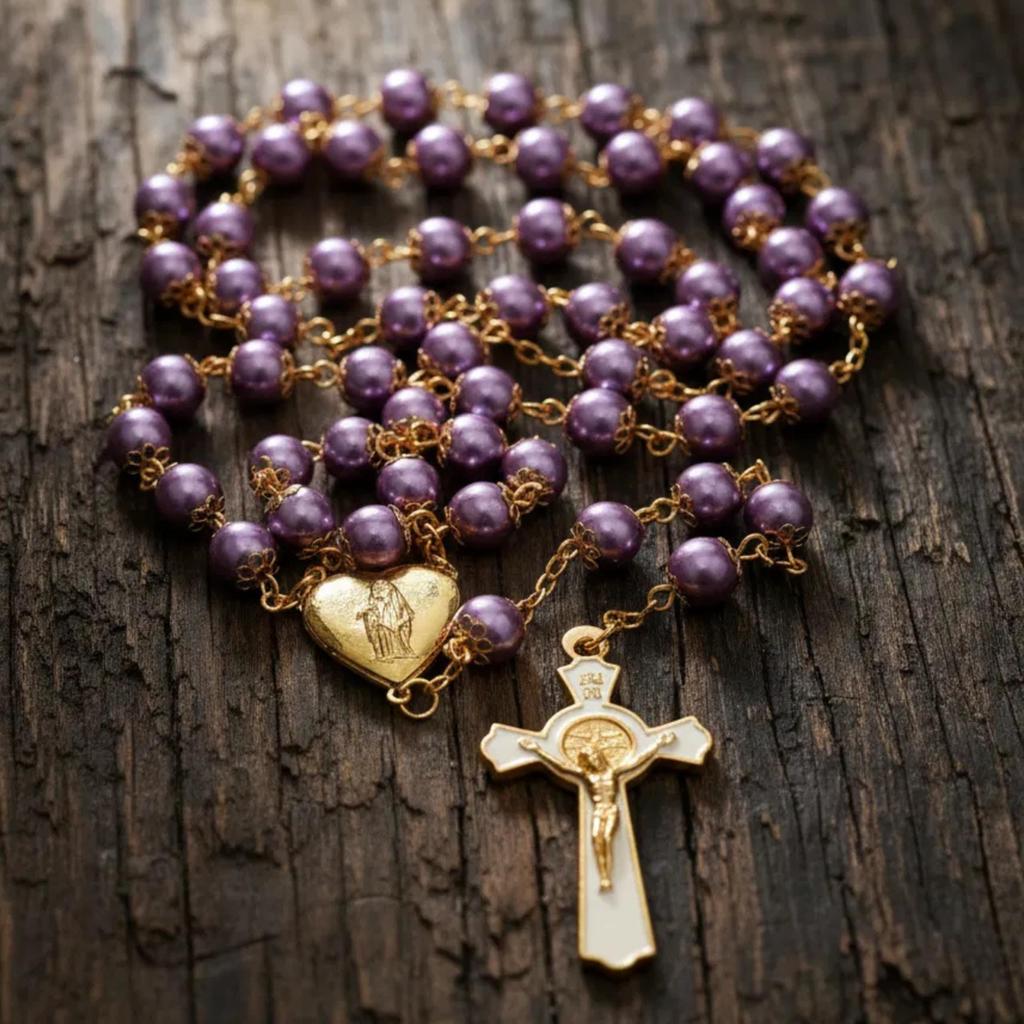 Nazareth Store Purple Pearl 8mm Bead Rosary Necklace Gold Prayer Chaplet Miracle Open Up Locket Centerpiece Medal White Enamel Cross, 2XL, Glass, No