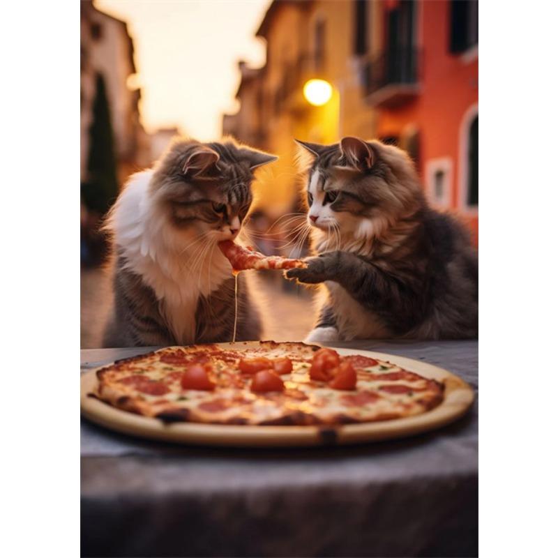 Funny Cat Eating Pizza Canvas Prints Posters Mural Cute Pet Kitten Pizza Poster Canvas Wall Art Painting Pictures for Home Decor