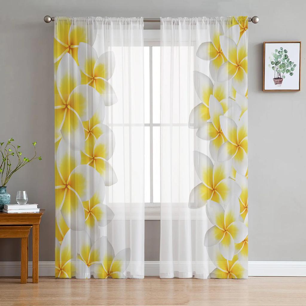 White Plumeria Flower White Tulle Sheer Curtains for Living Room Decoration Window Curtain for Bedroom Voile Organza Drapes