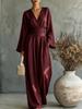 2026 Women's Solid Color V-Neck Waist Jumpsuit Long Sleeve High Waist Skinny Wide Leg Pants Vacation Set