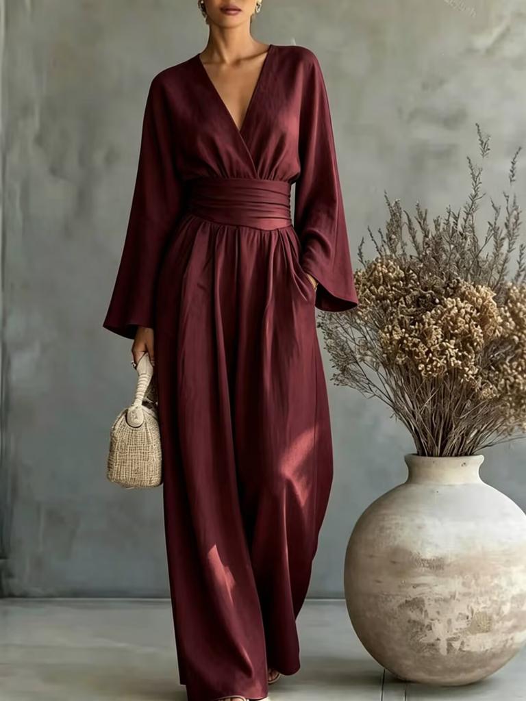 2026 Women's Solid Color V-Neck Waist Jumpsuit Long Sleeve High Waist Skinny Wide Leg Pants Vacation Set