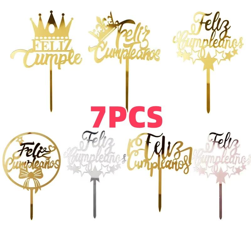 Acylic Feliz Cumpleanos Espanol Spanish Happy Birthday Cake Topper Gold Crown Design Cupcake Baking Supplies Party Decoration
