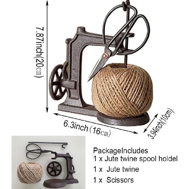 520057 Sewing Machine Jute Twine Ball String and Scissors Holder Set, Vintage Inspired Rustic Farmhouse Style, Gift for Sewer Sewist Crafter, Cast