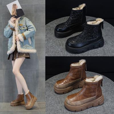 9965 Leather Snow Boots Women's Cotton Shoes Winter Velvet New Retro Short Boots Thick Sole