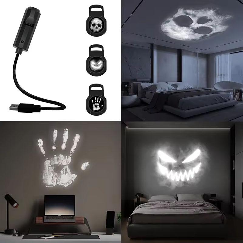 LED Projector Lamp Halloween Skull Decorative Night Light Rotatable 3 Scenes Ghost USB Power Wall Ceiling Decor Dark Ambiance