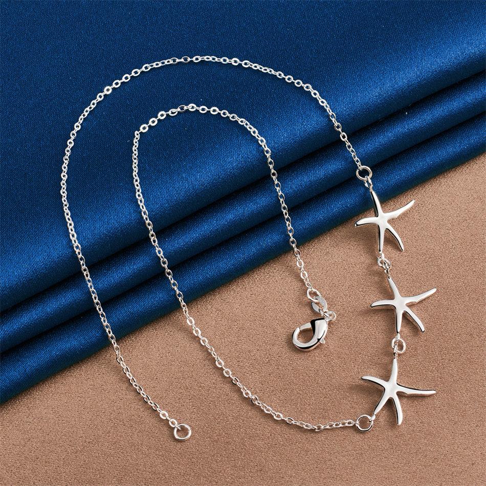 925 Sterling Silver Shiny Exquisite 3 Starfish Necklace Women Fashion Party Wedding Gift Jewelry