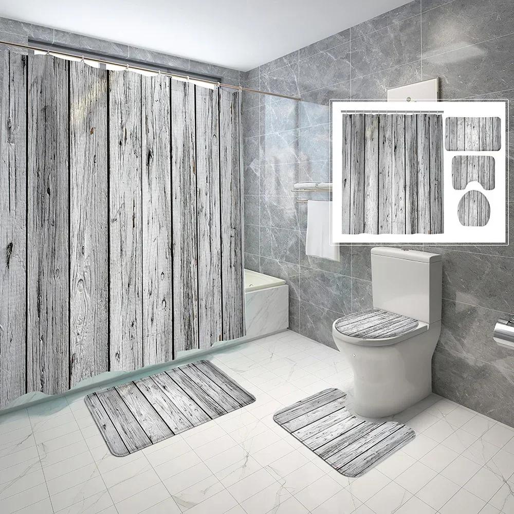 Set Tenda Doccia Rustica in Legno Marrone Stile Fattoria con Tappetini Antiscivolo Copri Tavoletta WC Tappetino da Bagno Set Decorazioni Impermeabili per Bagno