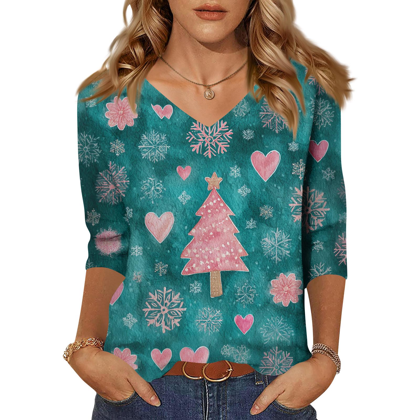 

Женские топы Рубашка с рукавом три четверти V-образный вырез Свободная повседневная рубашка Футболка с принтом XL