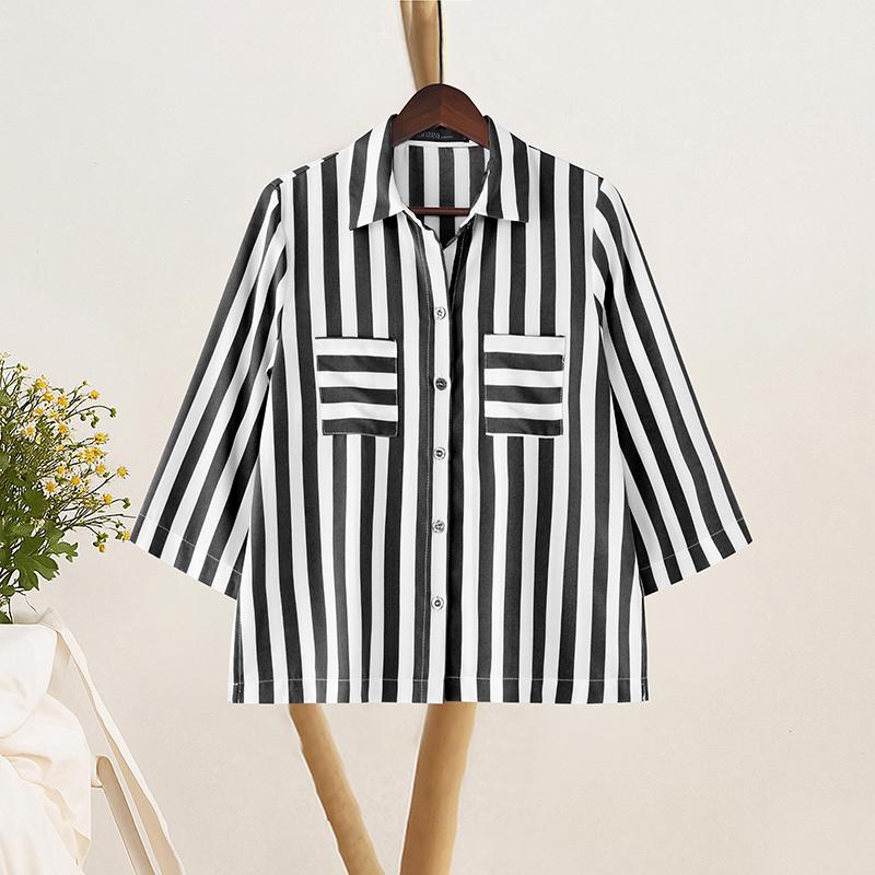 ZANZEA Women Turn Down Collar Summer Loose Casual 3/4 Sleeve Stripe Blouse