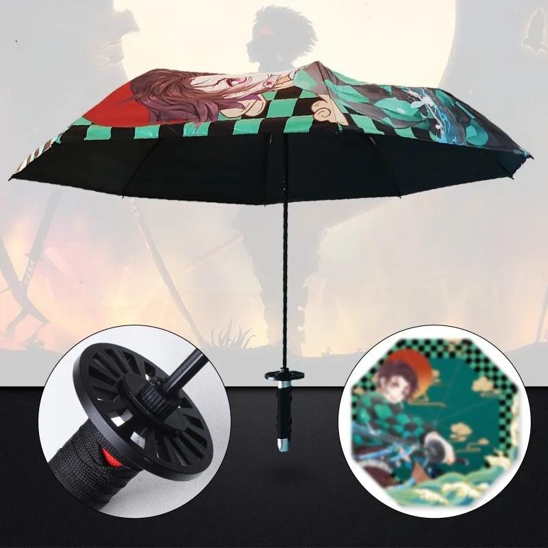 Long Kamado Tanjirou Katana Umbrella Handle UV Blocking Black Parasol Anime Demon Slayer Japanese Katana Sword Umbrella Raincoa
