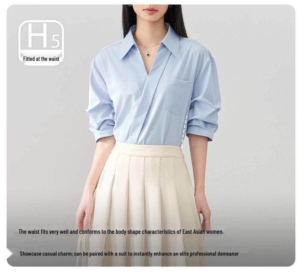 Women's Elegant V-Neck Lapel White Short-Sleeve Shirt, Chic Summer Style, Unique Design