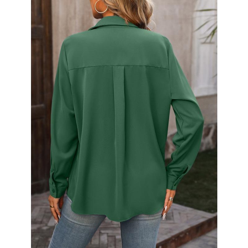 Women's Fashion Casual Spring Fall Solid Color Print Long Sleeve POLO Neck Blouses & Shirts