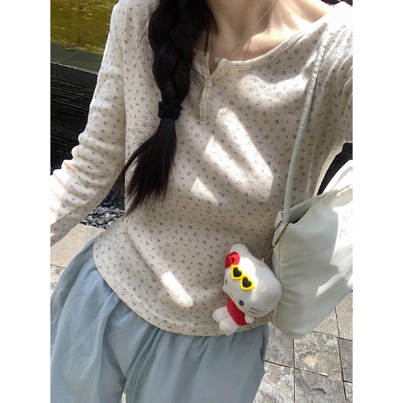 

Spring floral U-neck button-up shoulder top women s small fresh and versatile bottoming shirt chic long-sleeved T-shirt S