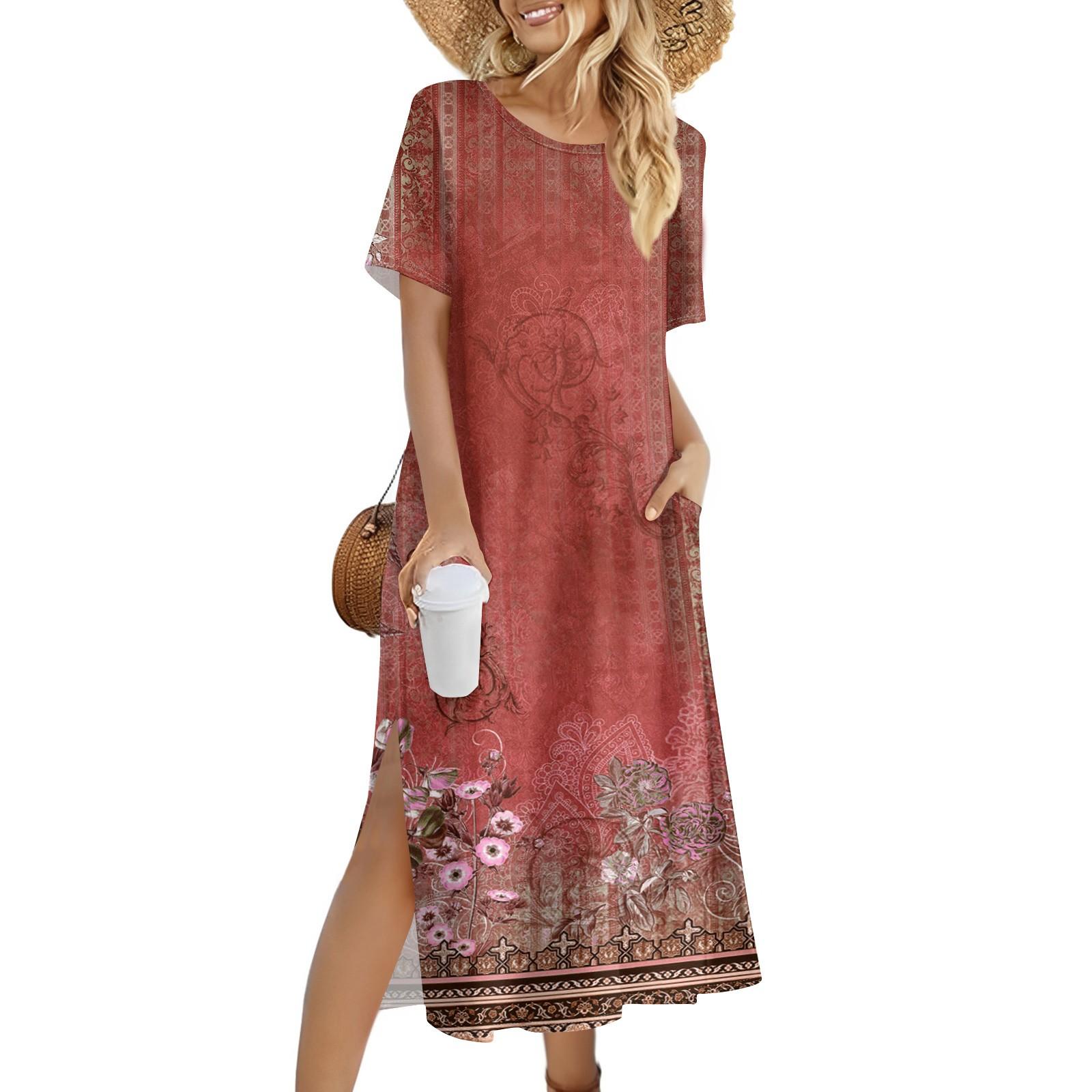 

Жіноча модна літня сукня з квітковим принтом Повсякденна пляжна сукня Сукня Тонка святкова сукня S червоний