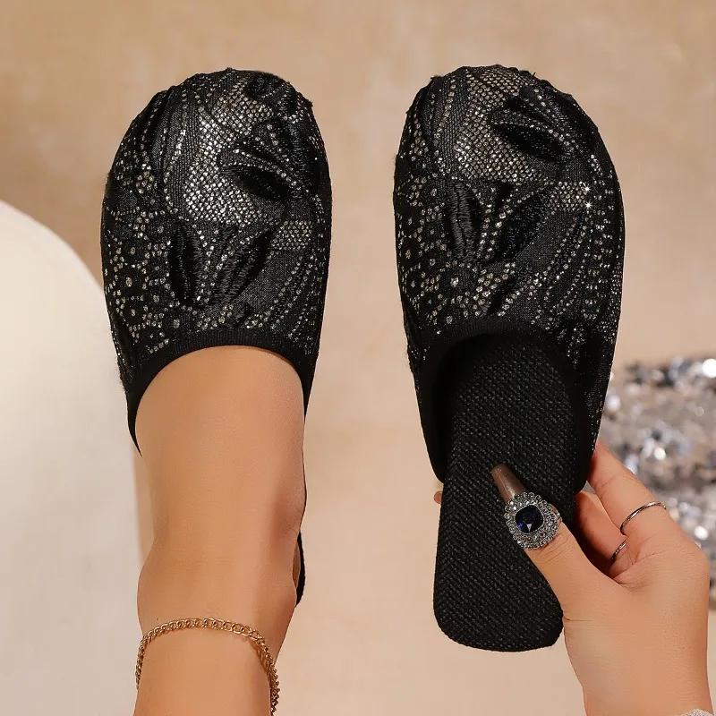 Women's Sandals Summer New 2025 Trend Hot Sale Mule Slippers Casual Flat Shoes Comfortable Non-slip Sequined Beach Flip Flops