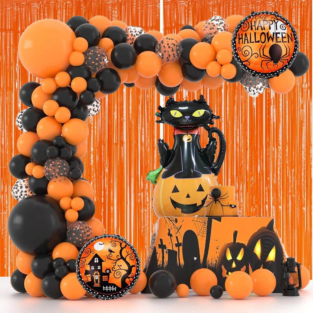 Halloween Balloon Wreath Pumpkin Aluminum Film Black Orange Latex Balloon Chain Rain Curtain Package Holiday Party Scene Decoration
