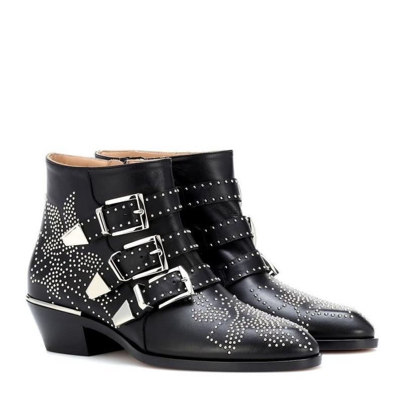 Fashion Brand Catwalk Rivet Cow Leather Short Boots Autumn Winter Retro Large35-45 Ankle Boots4cm Thick Heel Rock Night Club Women Shoes